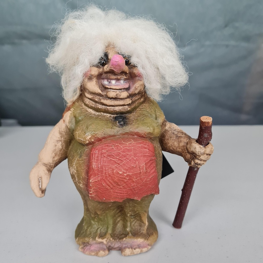 Nyform Troll Figurine Women White Hair Walking Stick Handmade Norway 7" NWT